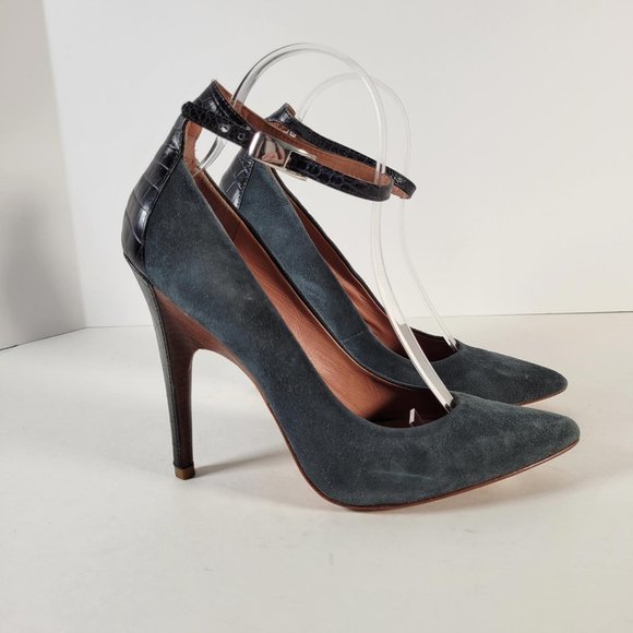 SIGERSON MORRISON Green Suede Black Croco Ankle Strap Heels Women Sz 8.5 - Picture 4 of 11